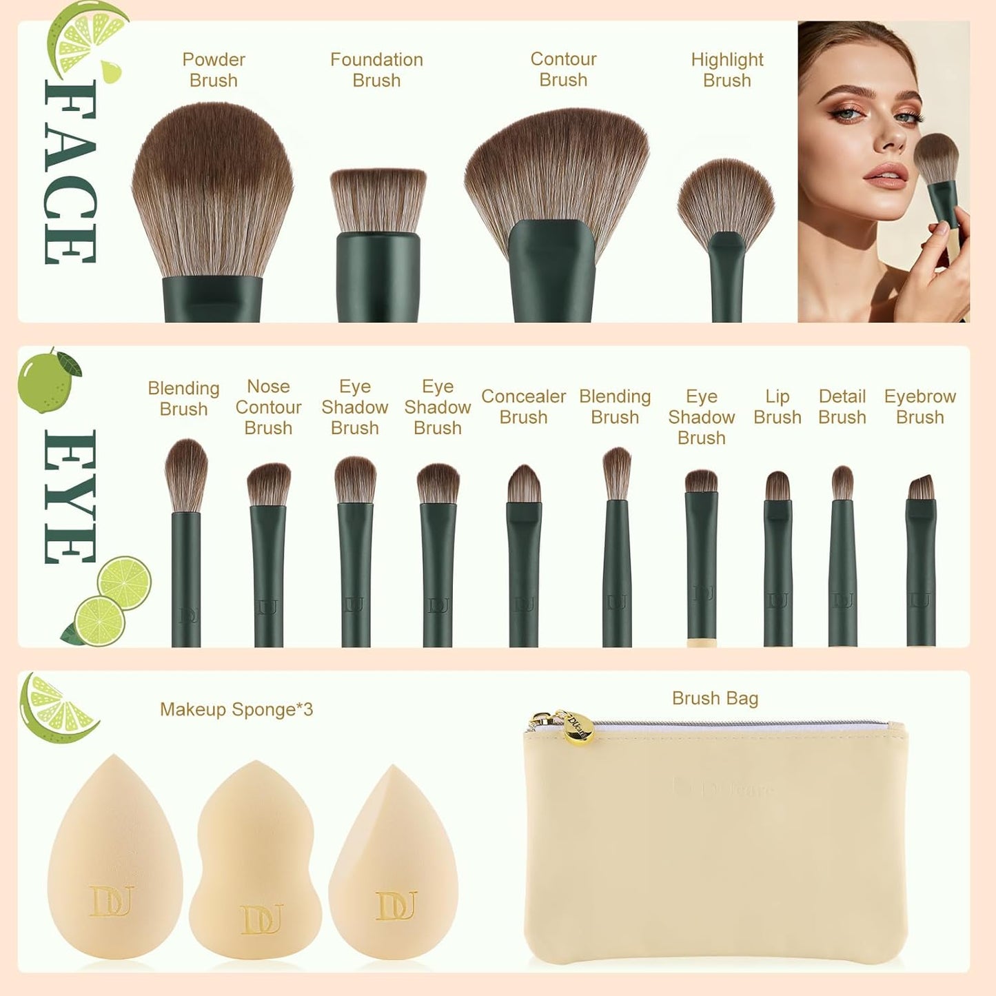 18 Makeup Brushes Set Makeup Sponges Cosmetic Bag | Powder Foundation Contour Blush Concealer Eye Shadow Blending Liner Make up Brush Kit