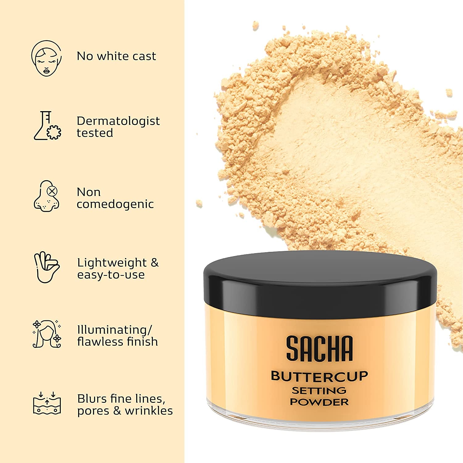 Sacha Buttercup Setting Powder – Medium to Deep Skin Tones Translucent Loose Face Powder, Flashback-Resistant, Oil Control, Long-Wear Matte Finish (1.75 Oz)